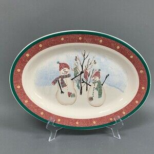 Royal Season Oval Platter Tray Stoneware Red Green Cream Snowmen Snowman